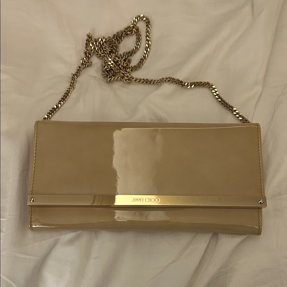 Jimmy Choo Tan cross body Patent Leather Clutch with Gold Chain